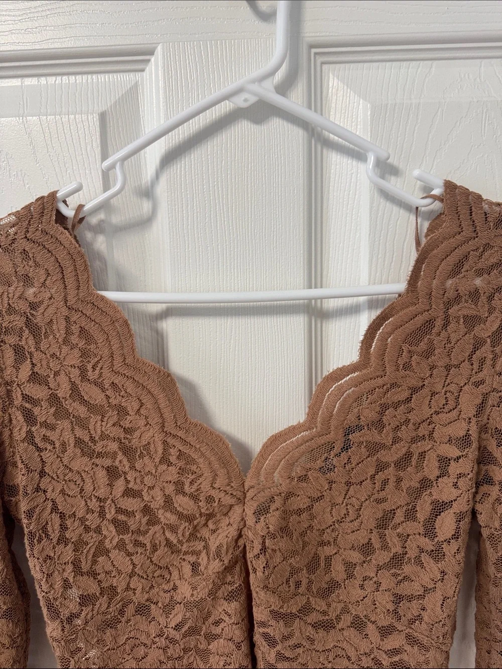 Zara Brown Scalloped Lace Long-Sleeve V-Neck Top